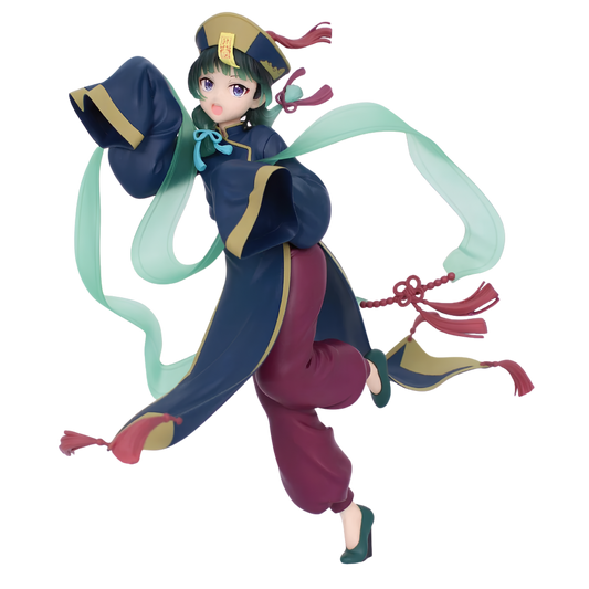 A stylized collectible figurine of a female anime character in a dynamic pose, wearing a navy blue and magenta outfit with gold trim, a teal headpiece, and flowing ribbons against a plain white background.
