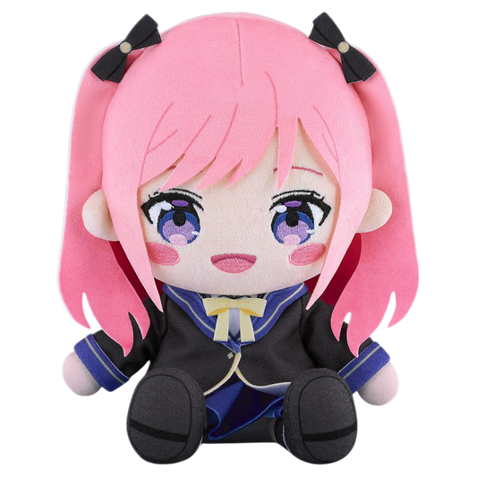 Plush toy of an anime character with pink hair and purple eyes on a white background