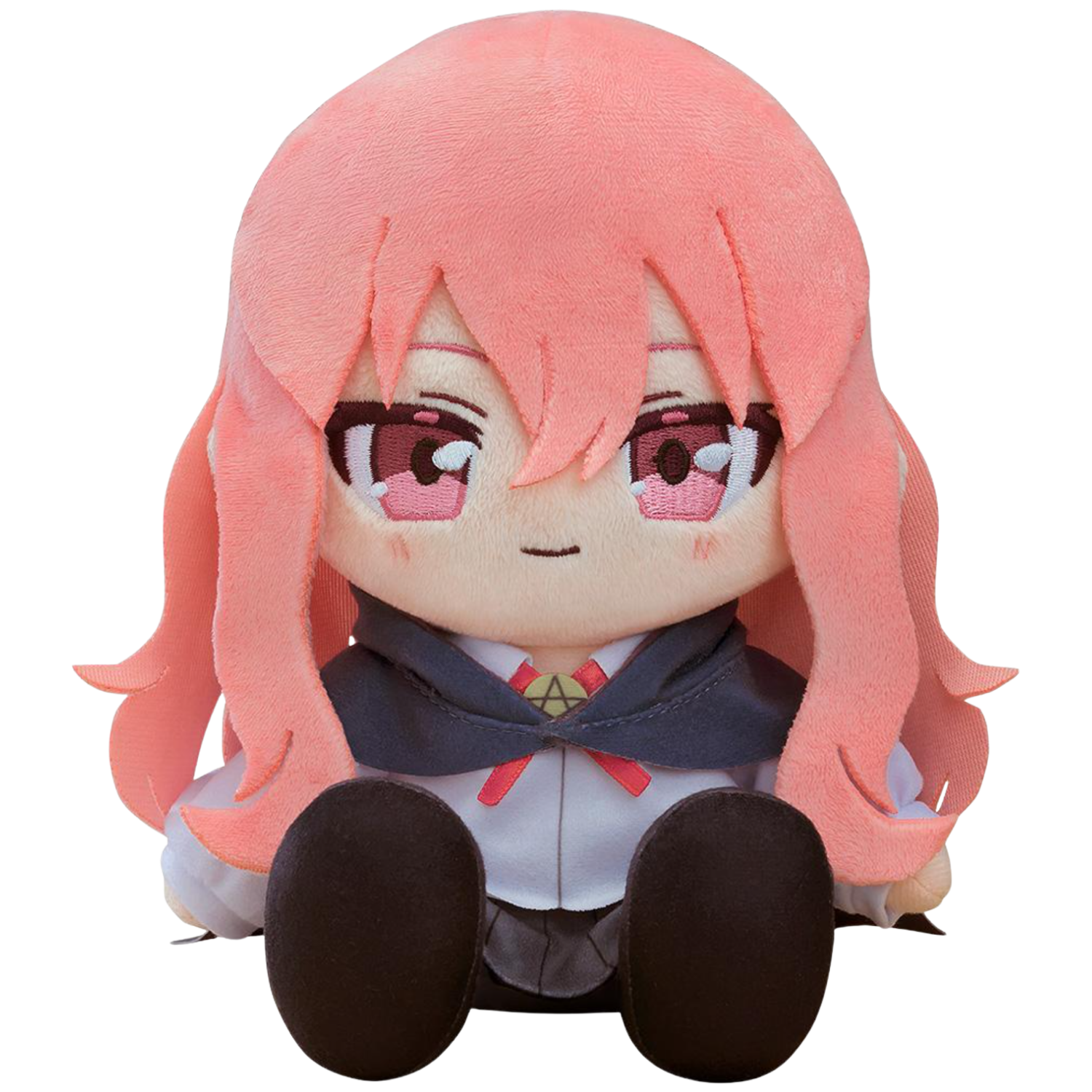 Plush toy of an anime character with pink hair and school uniform on a white background