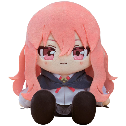 Plush toy of an anime character with pink hair and school uniform on a white background