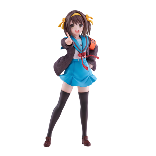 A detailed anime figurine of a female schoolgirl character with brown hair, wearing a blue skirt, white top, dark brown cardigan, black knee-high socks, and carrying an orange backpack, posed against a solid white background.
