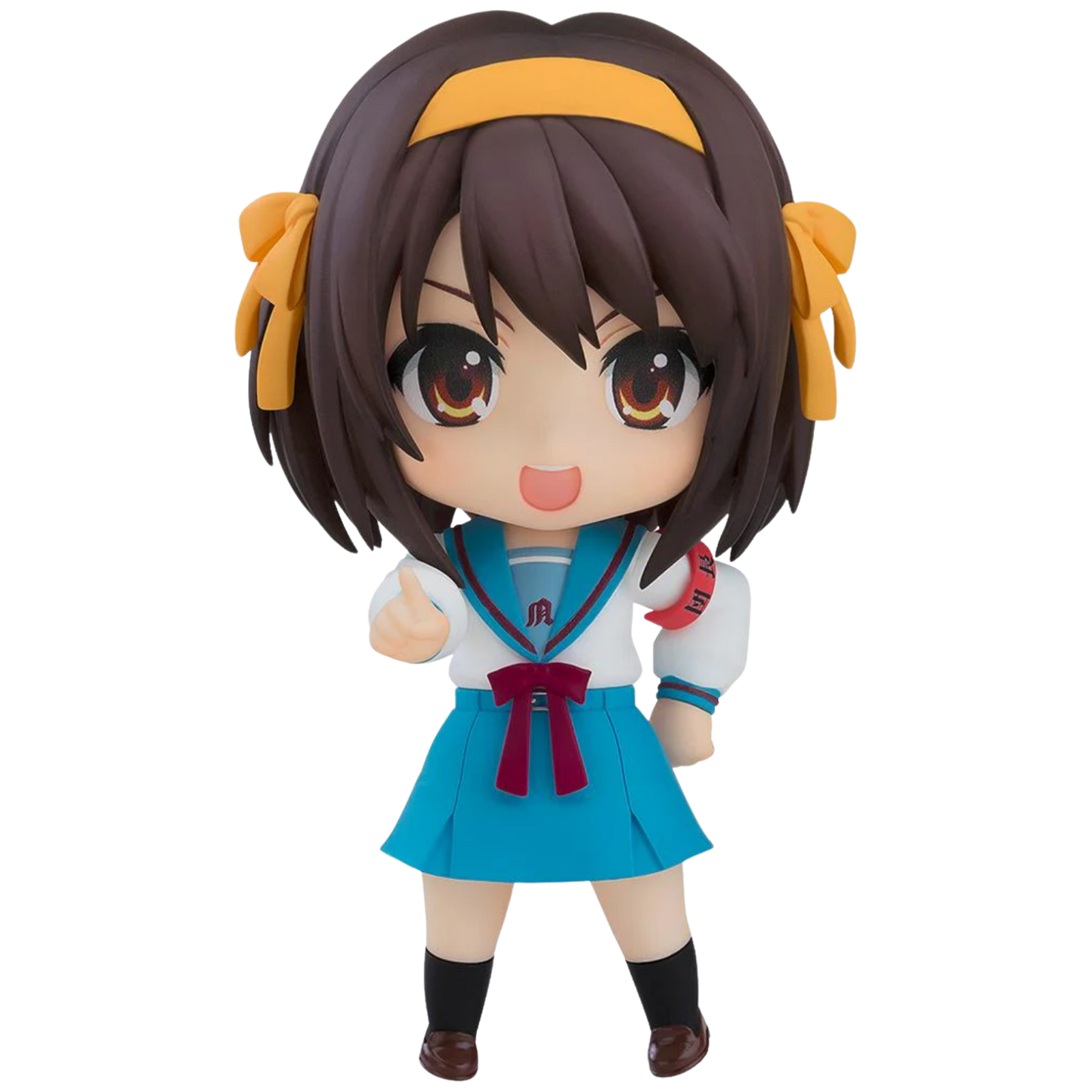 Anime character figurine with brown hair and a blue school uniform on a white background