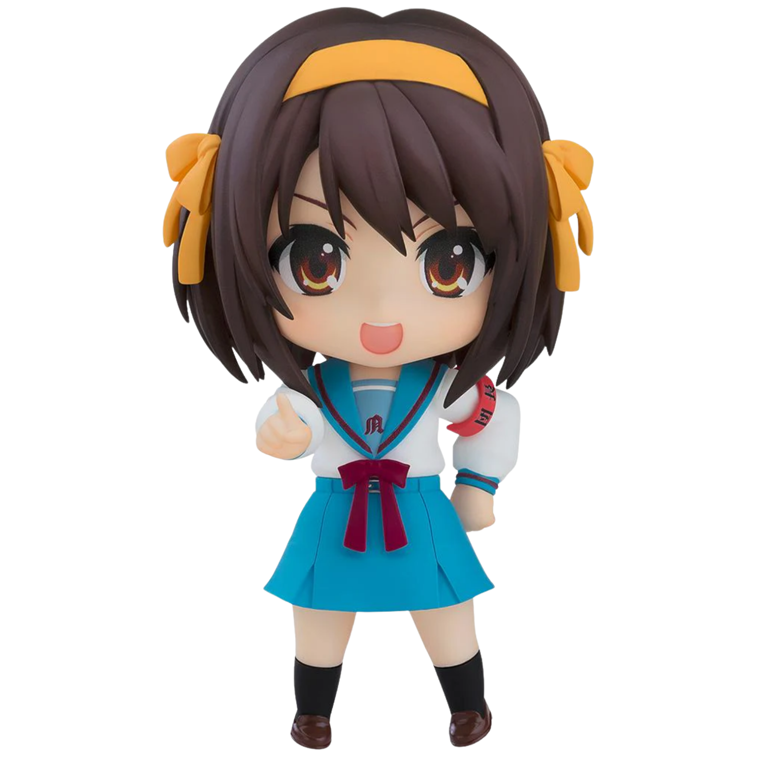 Anime character figurine with brown hair and a blue school uniform on a white background