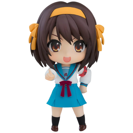 Anime character figurine with brown hair and a blue school uniform on a white background