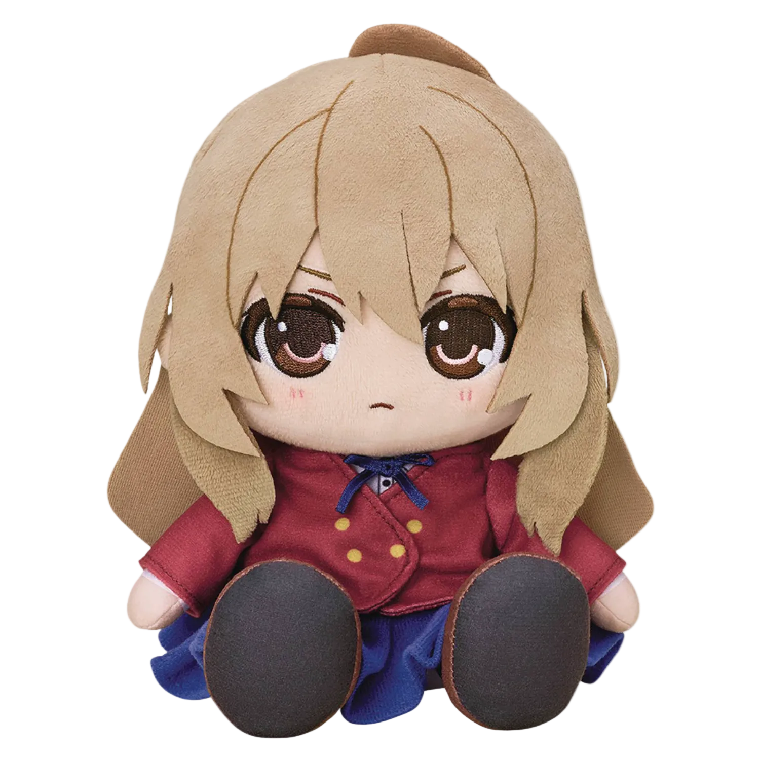 Plush toy of an anime character with blonde hair and a red jacket on a white background