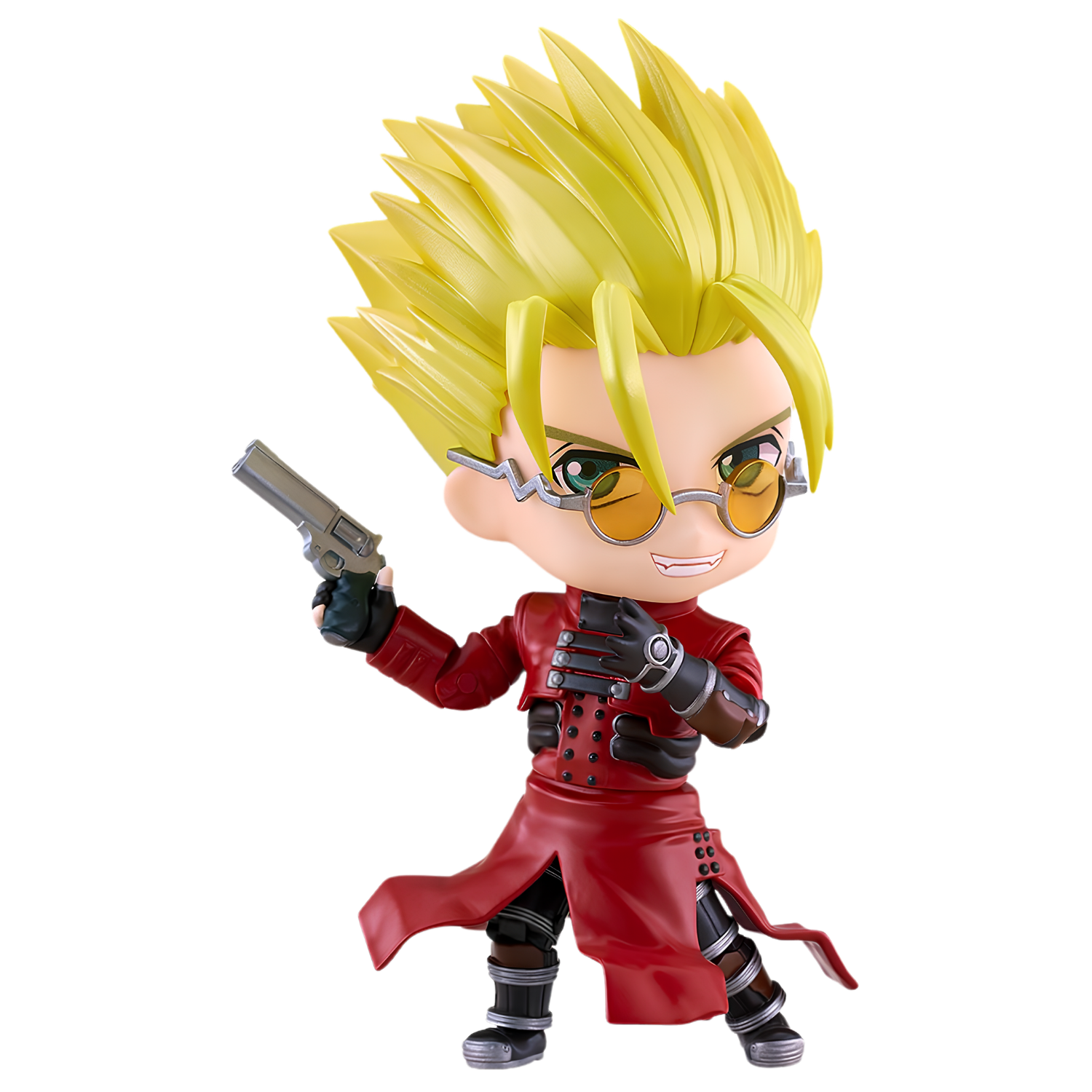 A chibi-style collectible figure with spiky blond hair, yellow-tinted glasses, a red coat, black gloves, and a silver pistol, shown on a plain white background.