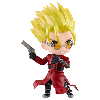 A chibi-style collectible figure with spiky blond hair, yellow-tinted glasses, a red coat, black gloves, and a silver pistol, shown on a plain white background.