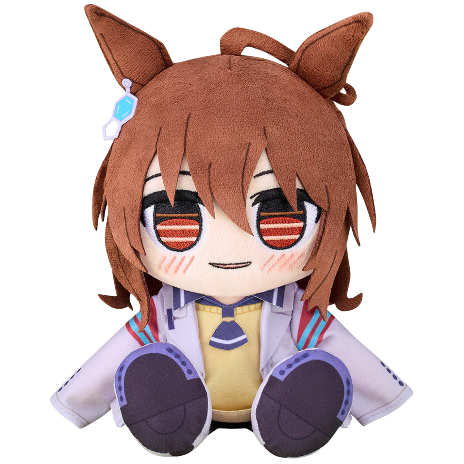 Plush toy of an anime character with brown hair and fox ears on a white background