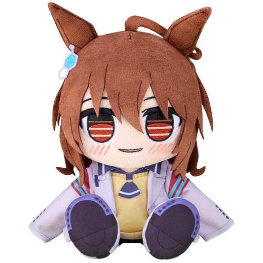Plush toy of an anime character with brown hair and fox ears on a white background