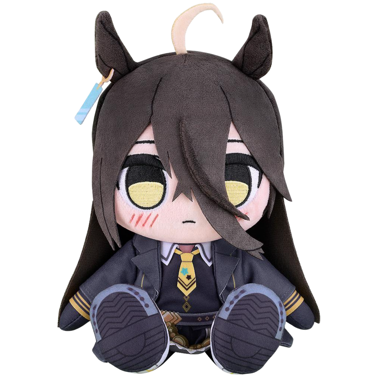 Plush toy of an anime character with dark hair and yellow eyes on a white background
