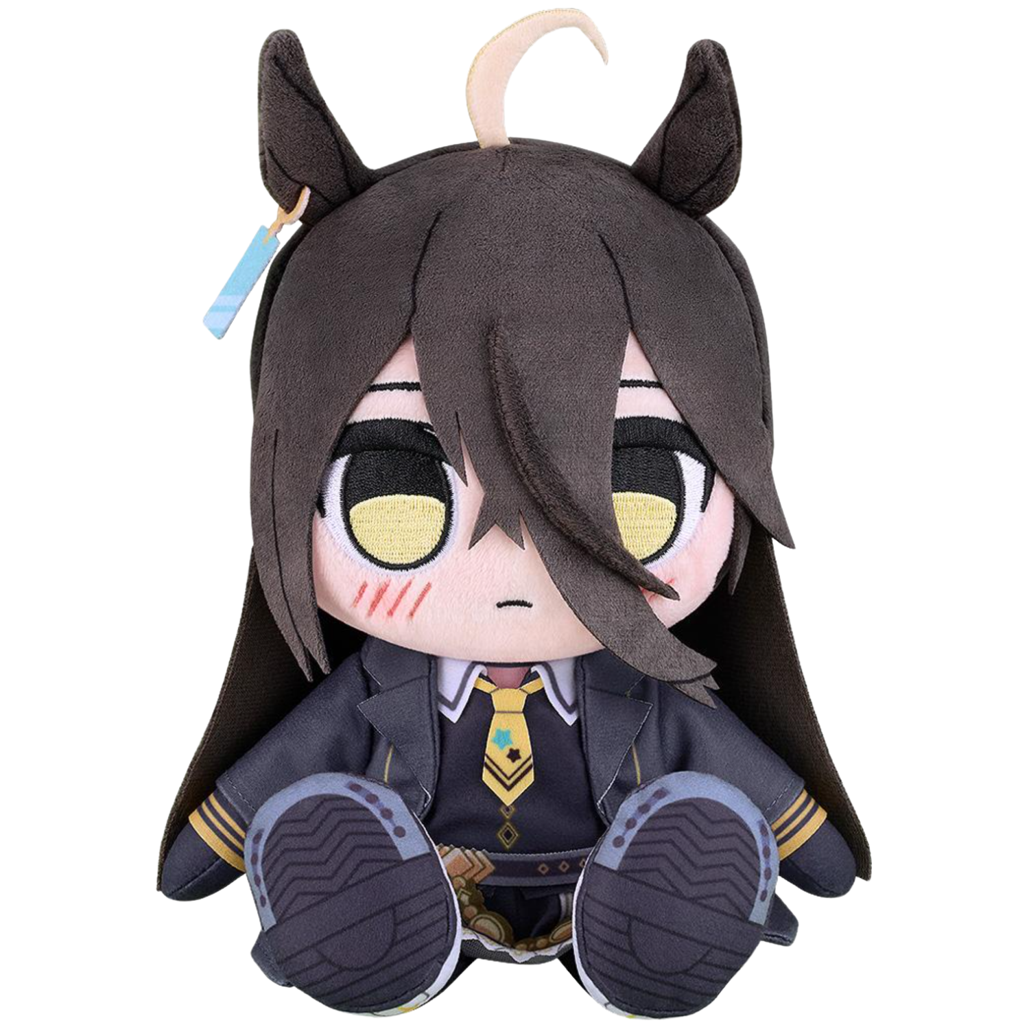 Plush toy of an anime character with dark hair and yellow eyes on a white background