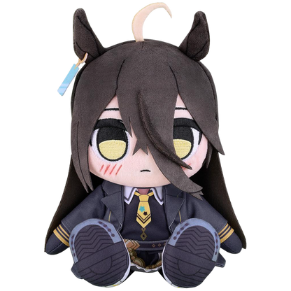 Plush toy of an anime character with dark hair and yellow eyes on a white background