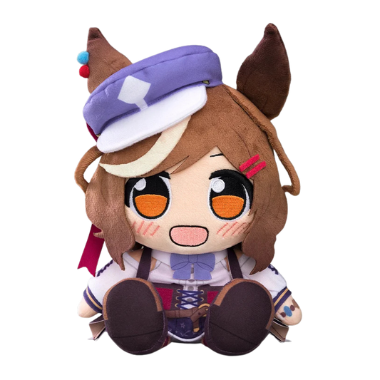 A chibi-style plush doll with brown hair, large orange eyes, and a purple-and-white hat, seated against a plain white background.