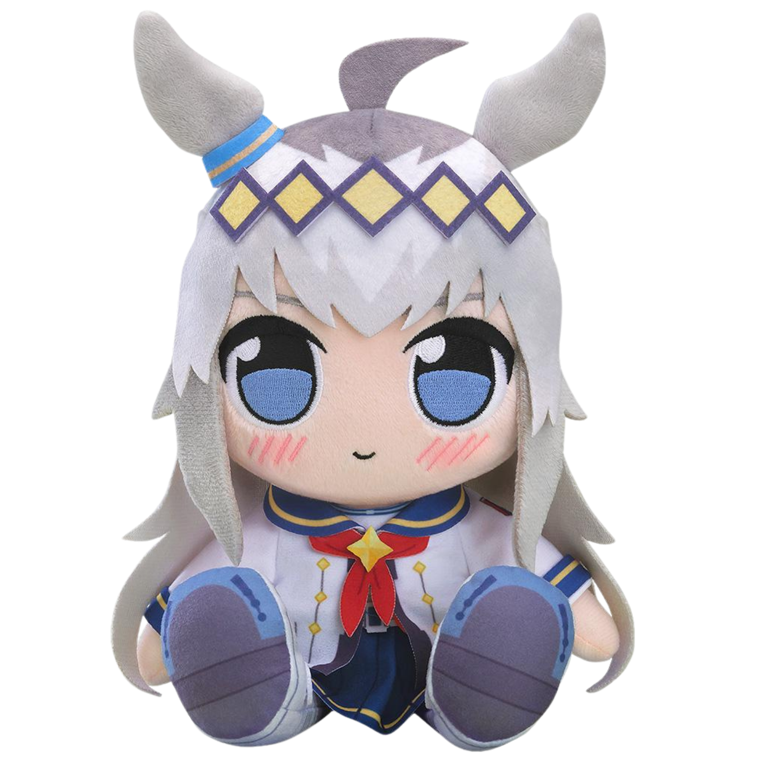 Plush toy of an animated character with horns and a white outfit on a white background