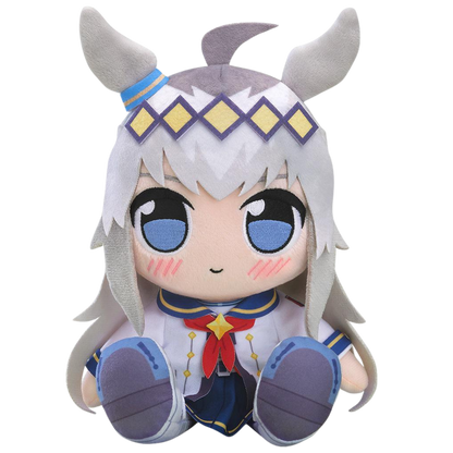 Plush toy of an animated character with horns and a white outfit on a white background