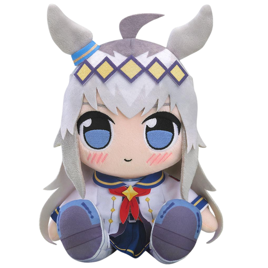 Plush toy of an animated character with horns and a white outfit on a white background
