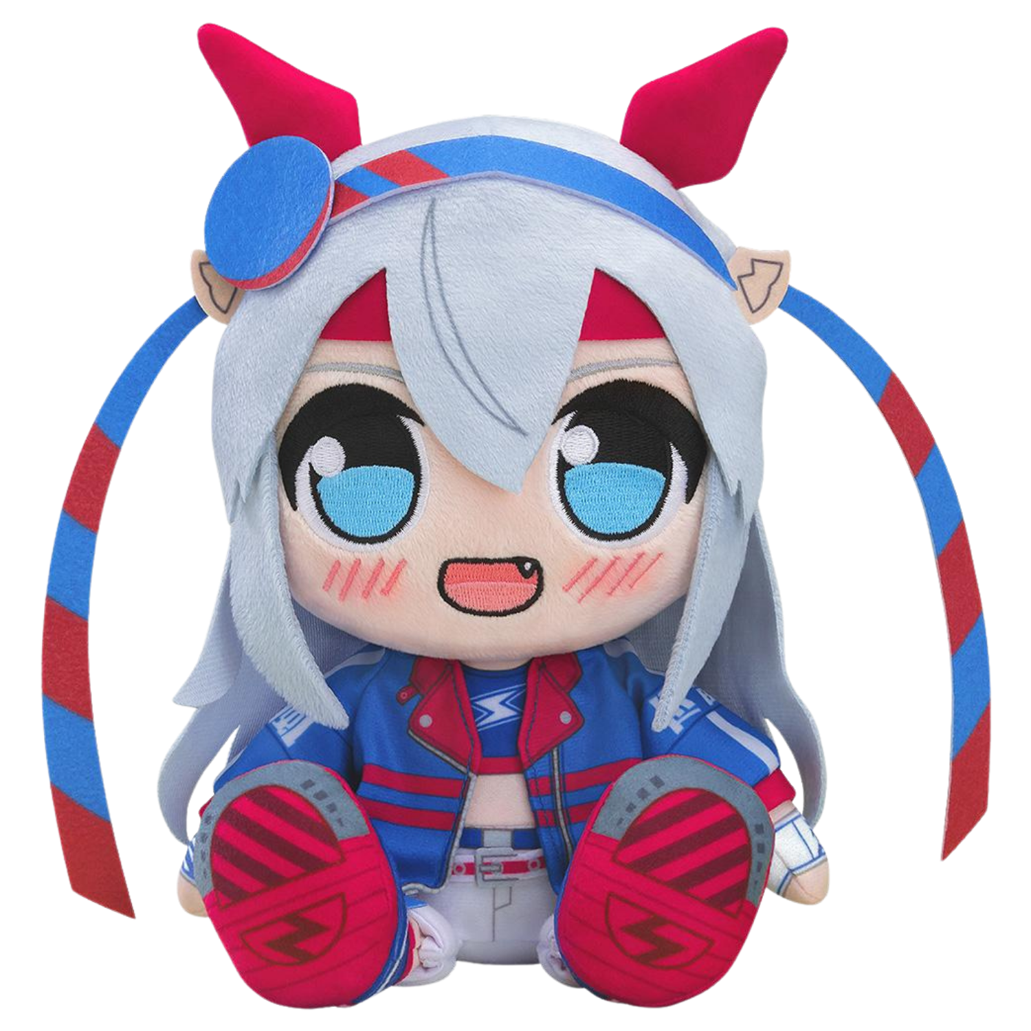 Plush toy of an animated character with red and blue hair and outfit on a white background