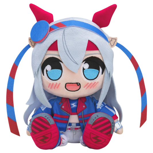 Plush toy of an animated character with red and blue hair and outfit on a white background