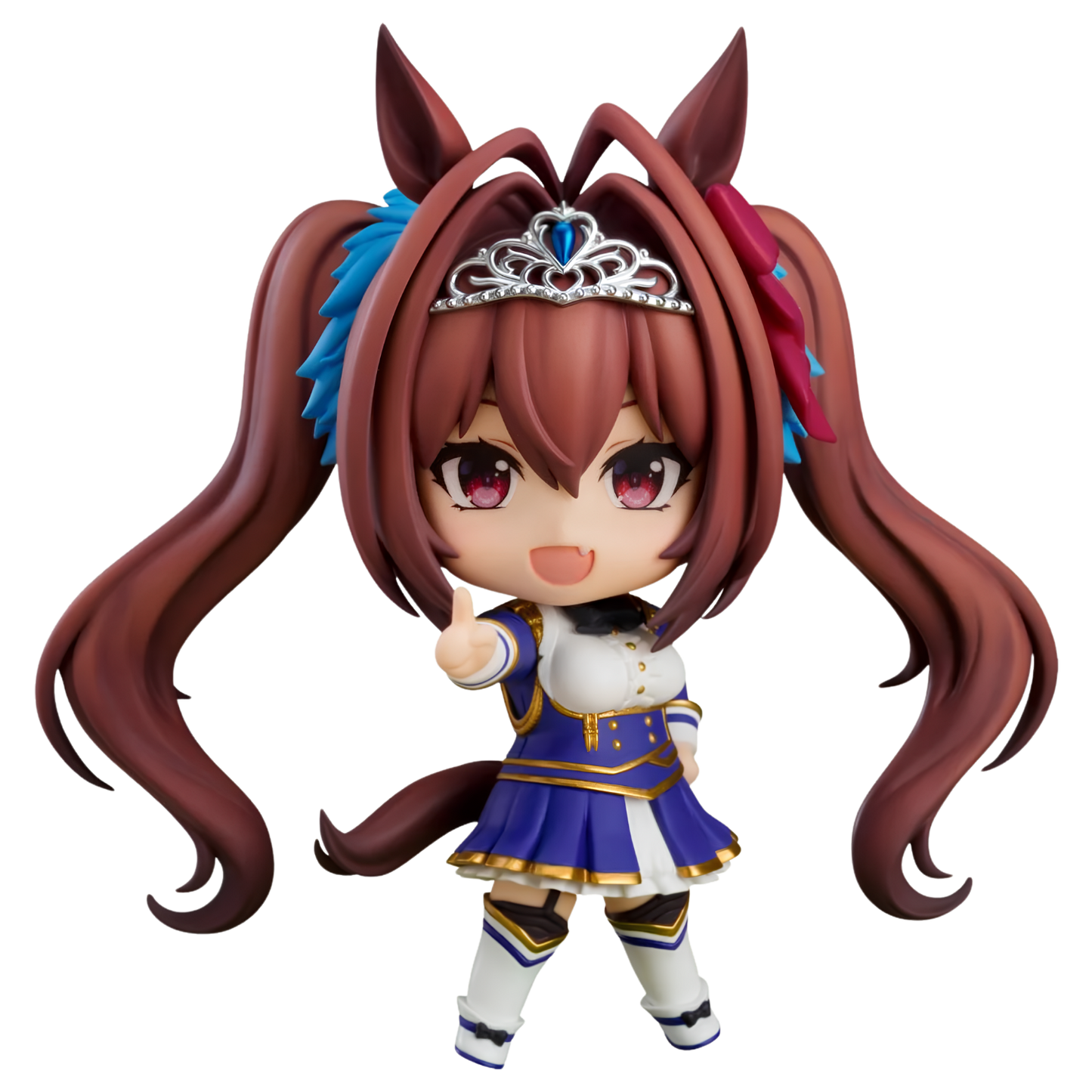 A chibi-style anime figurine of a horse-themed character with long reddish-brown pigtails, a silver tiara, and a blue, white, and gold outfit, shown on a plain white background.