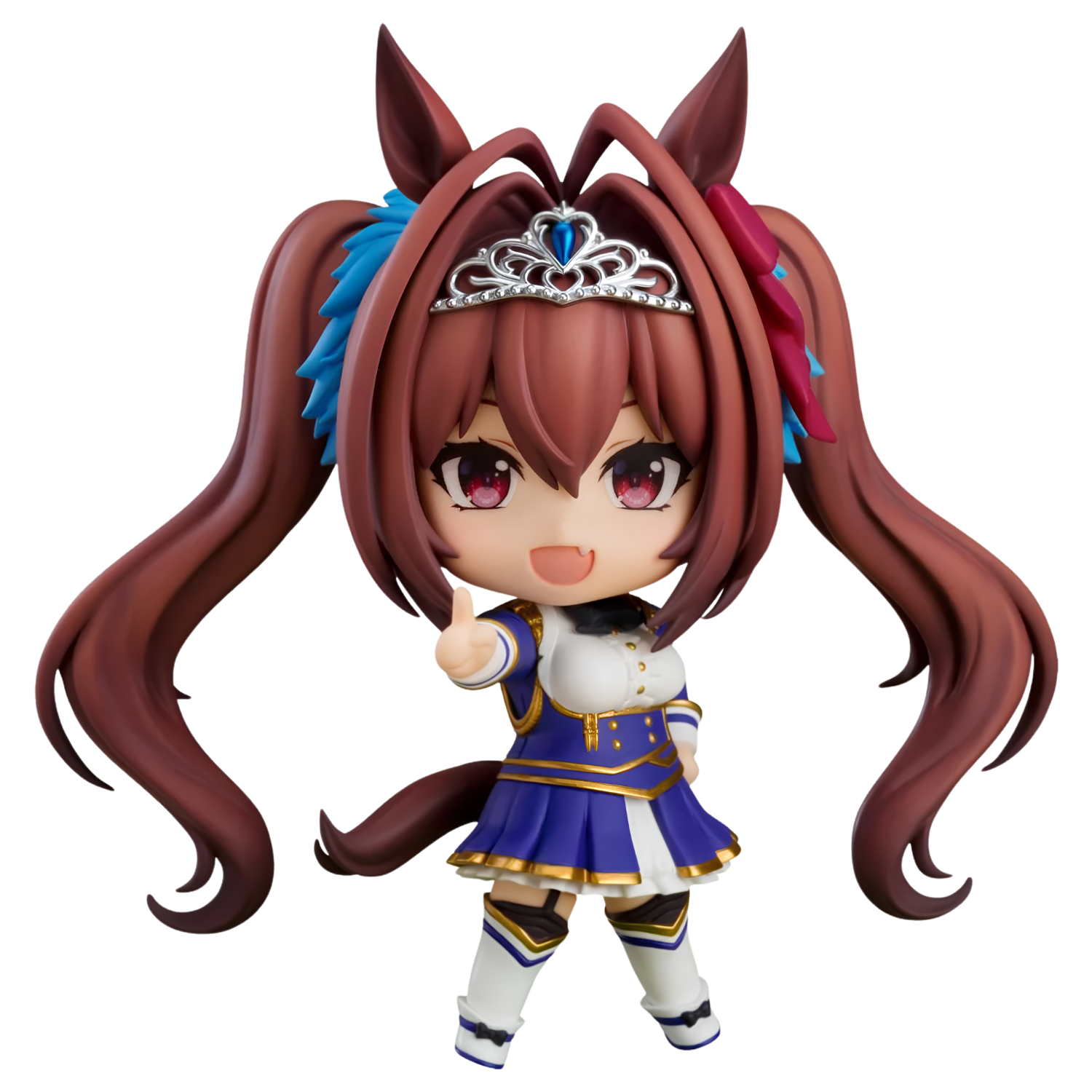 A chibi-style anime figurine of a horse-themed character with long reddish-brown pigtails, a silver tiara, and a blue, white, and gold outfit, shown on a plain white background.
