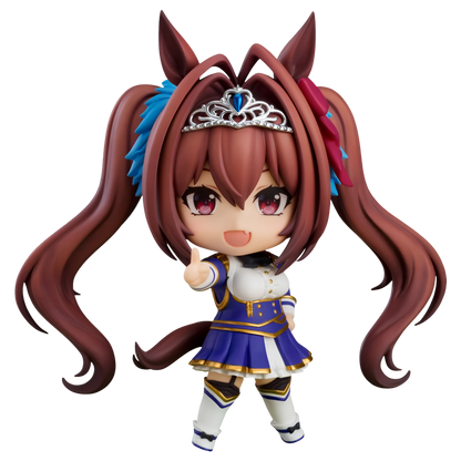 A chibi-style anime figurine of a horse-themed character with long reddish-brown pigtails, a silver tiara, and a blue, white, and gold outfit, shown on a plain white background.