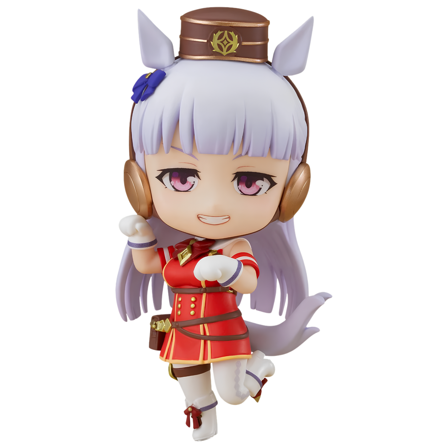 A chibi-style collectible figurine of a horse-themed character with white hair, cat ears, a brown uniform hat, brown headphones, and a red dress with gold accents, shown on a plain white background.