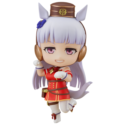 A chibi-style collectible figurine of a horse-themed character with white hair, cat ears, a brown uniform hat, brown headphones, and a red dress with gold accents, shown on a plain white background.