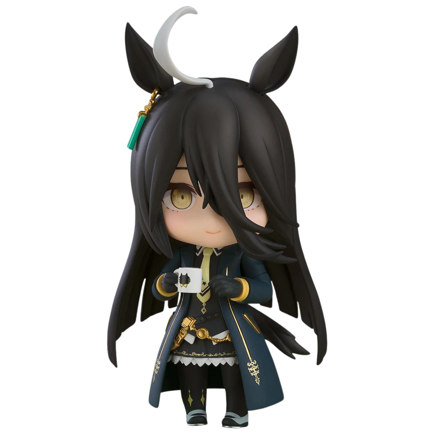 Anime character figurine with black hair and horns on a white background
