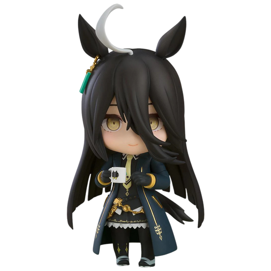 Anime character figurine with black hair and horns on a white background