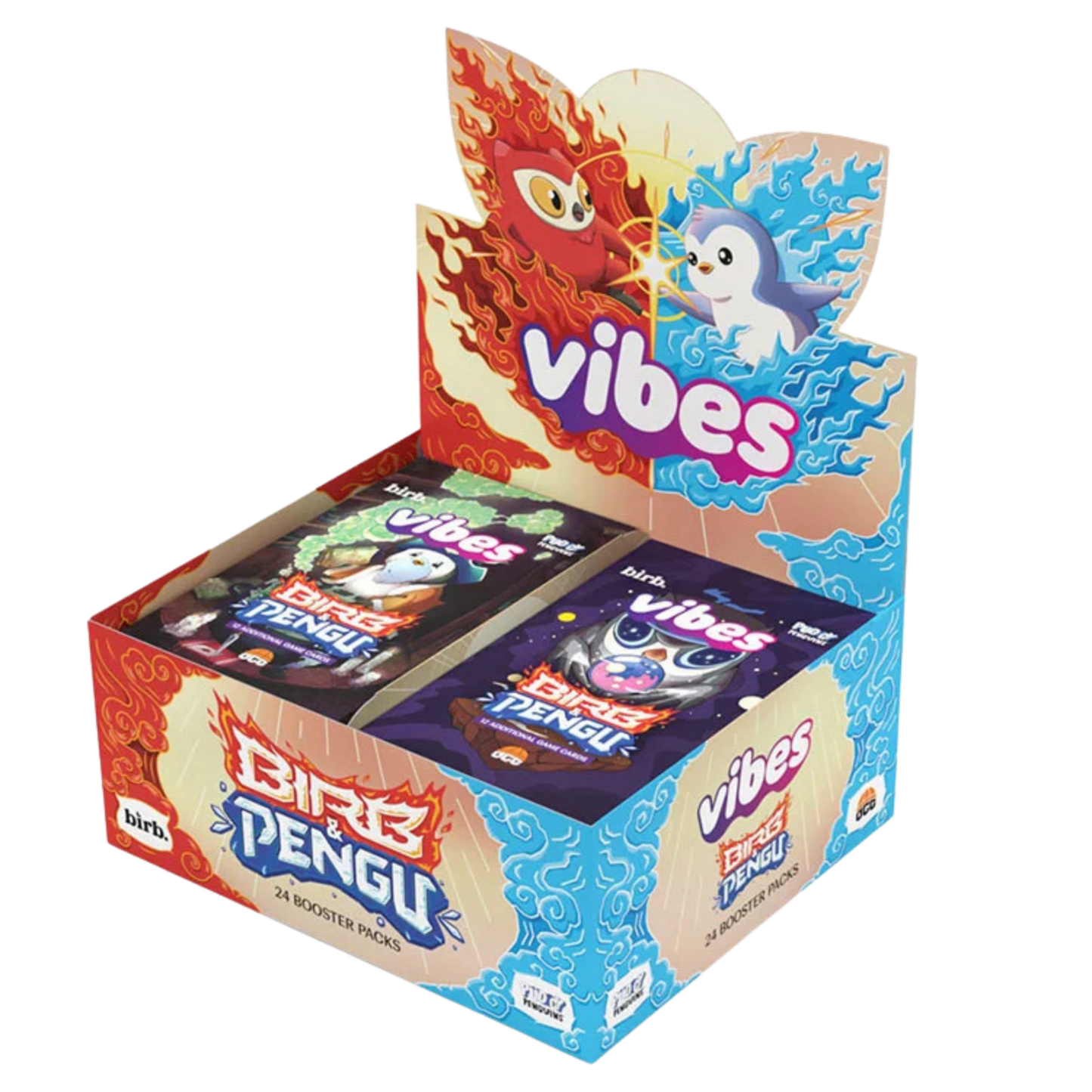 Box of 'Bibb Pengu' and 'Vibes' trading cards with colorful design on a white background