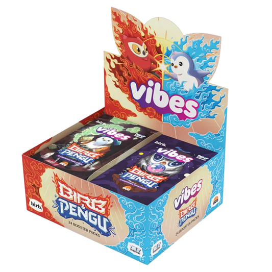 Box of 'Bibb Pengu' and 'Vibes' trading cards with colorful design on a white background