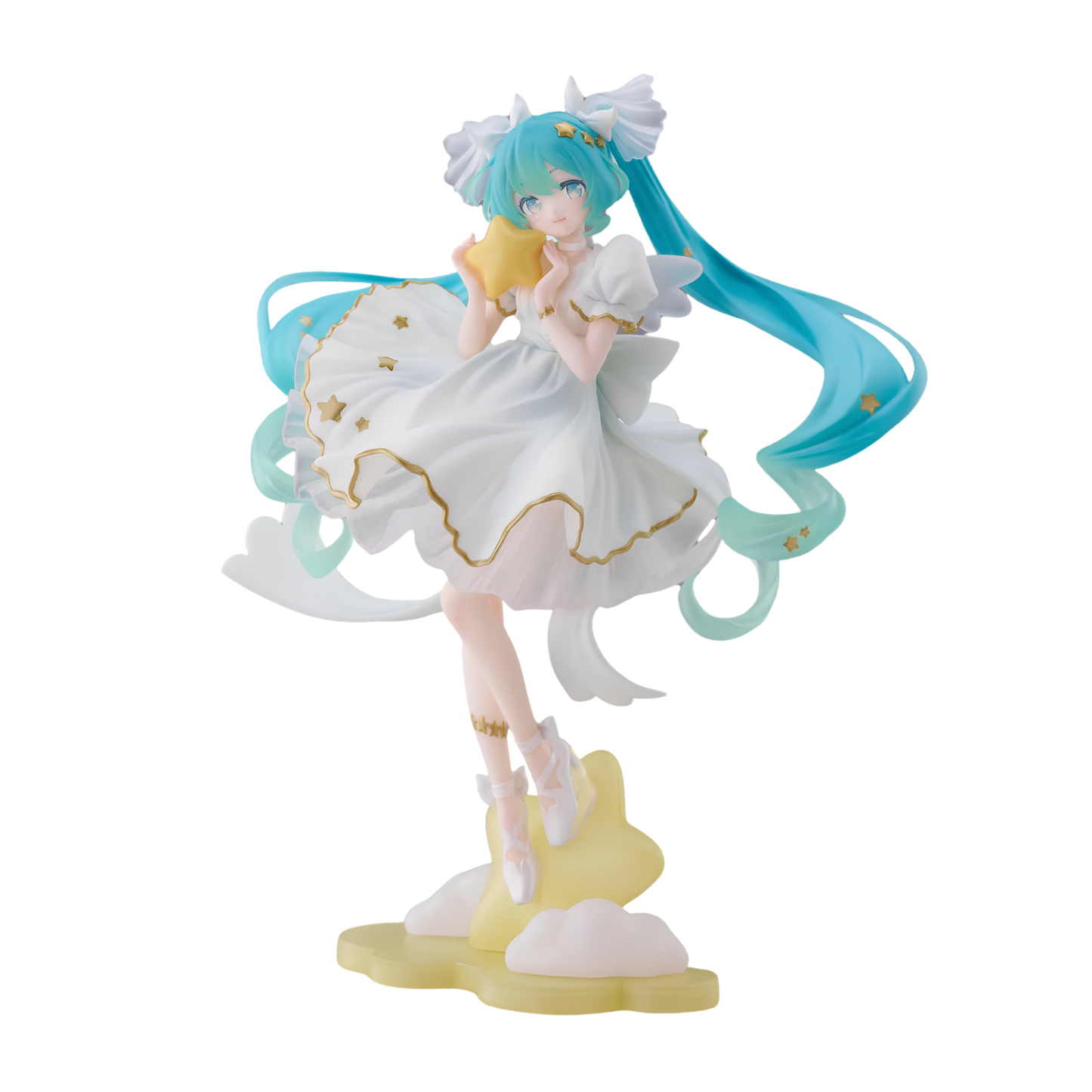 A collectible figurine of Hatsune Miku in a white dress with gold accents, standing on a yellow cloud-like base against a solid white background.