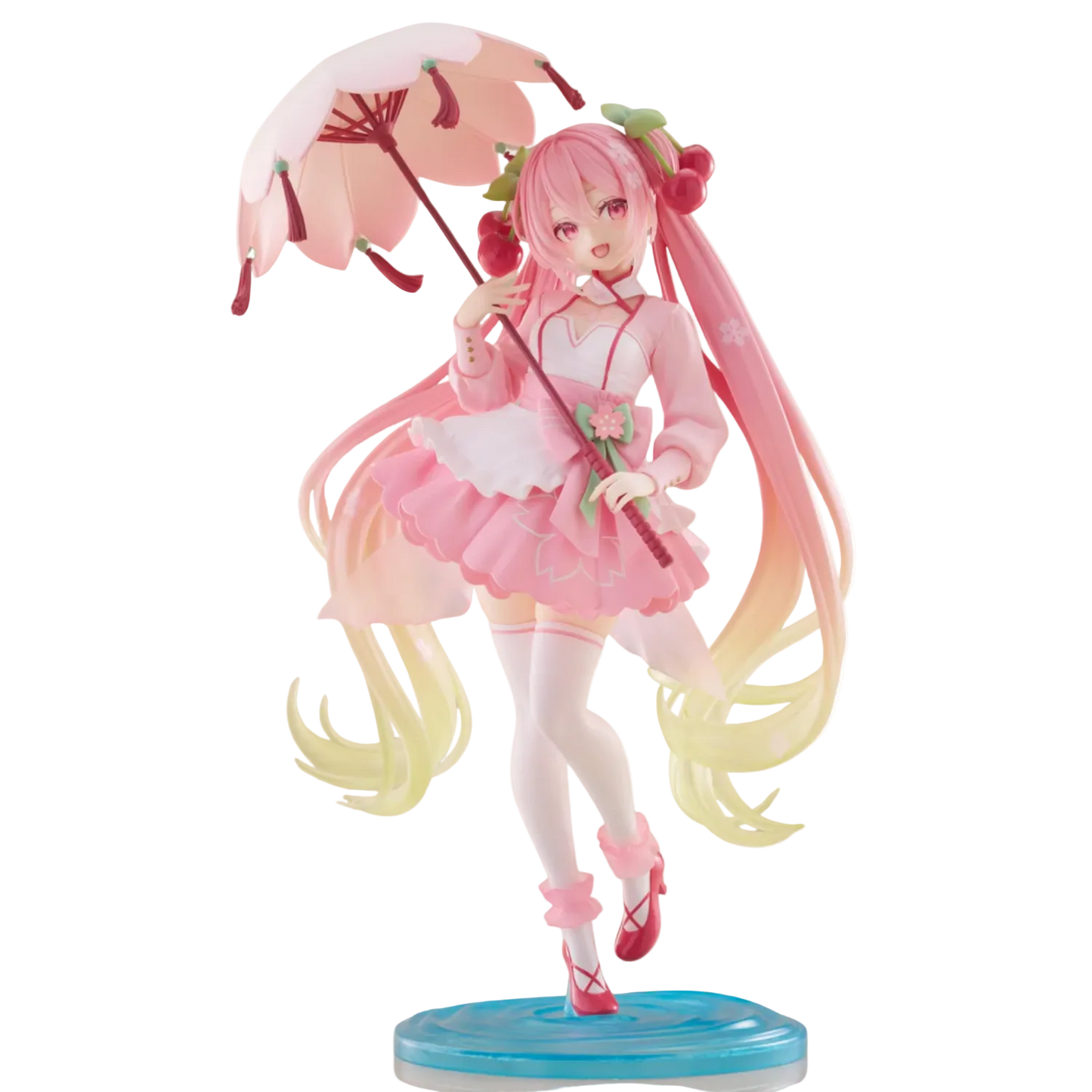 Anime character figurine with pink hair and colorful outfit holding an umbrella on a white background