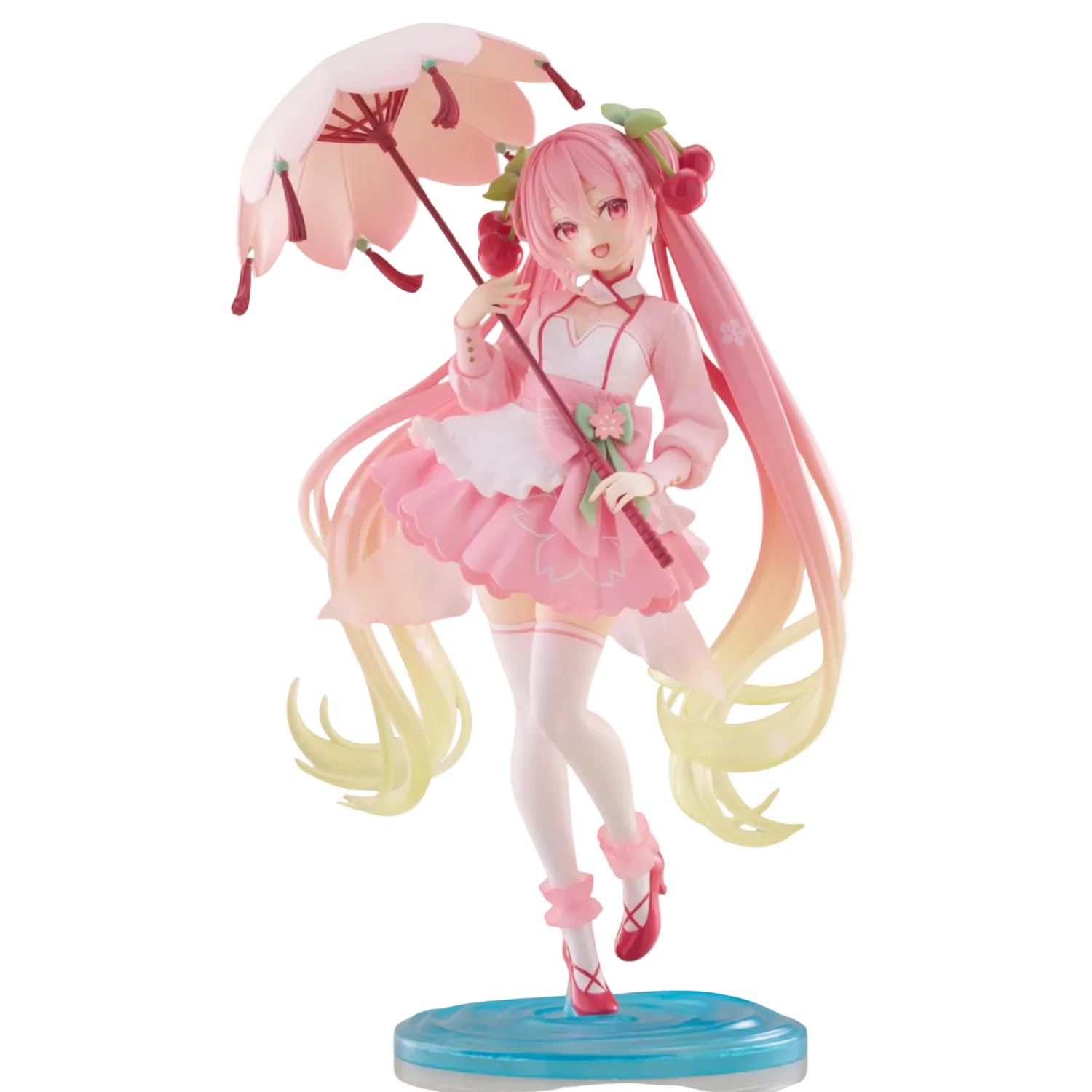 Anime character figurine with pink hair and colorful outfit holding an umbrella on a white background