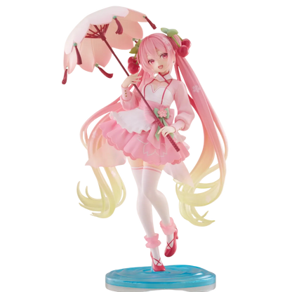 Anime character figurine with pink hair and colorful outfit holding an umbrella on a white background
