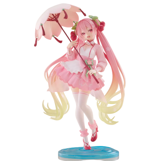 Anime character figurine with pink hair and colorful outfit holding an umbrella on a white background