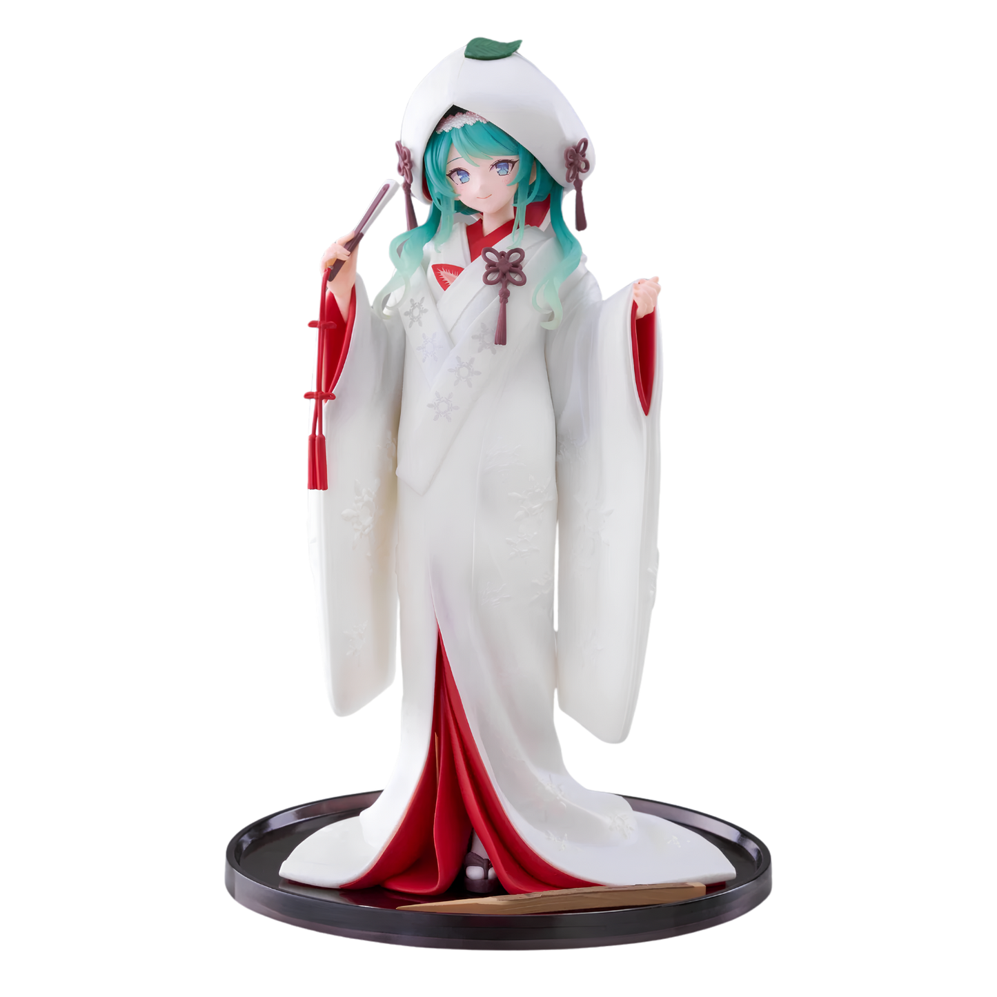 A collectible anime figurine of a female character with turquoise hair wearing a white and red traditional-style robe, posed on a black circular base against a plain white background.
