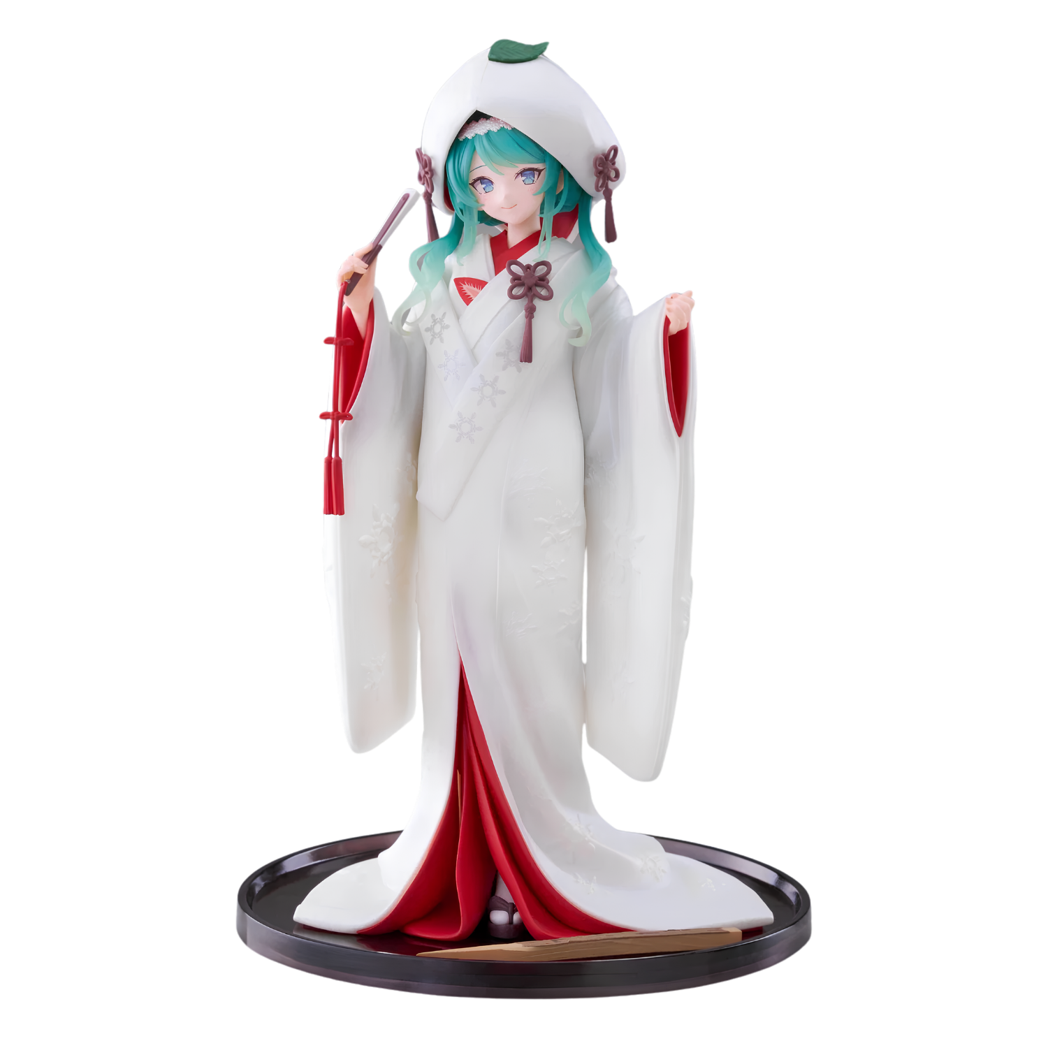 A collectible anime figurine of a female character with turquoise hair wearing a white and red traditional-style robe, posed on a black circular base against a plain white background.