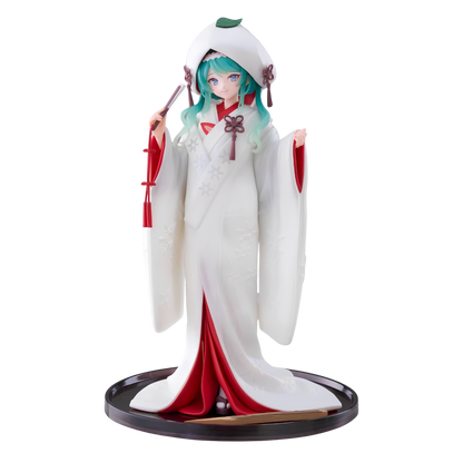 A collectible anime figurine of a female character with turquoise hair wearing a white and red traditional-style robe, posed on a black circular base against a plain white background.