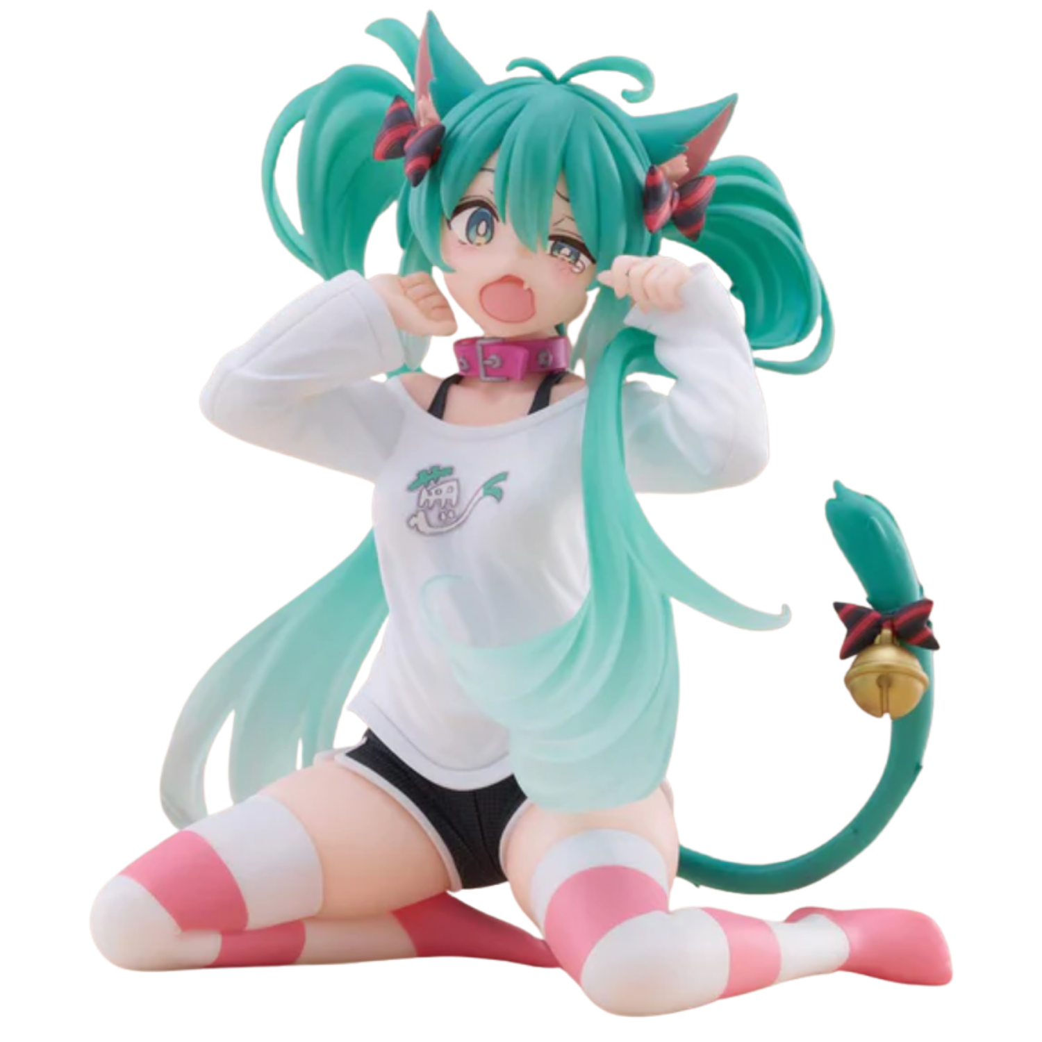 Anime character figurine with green hair and a white outfit on a white background