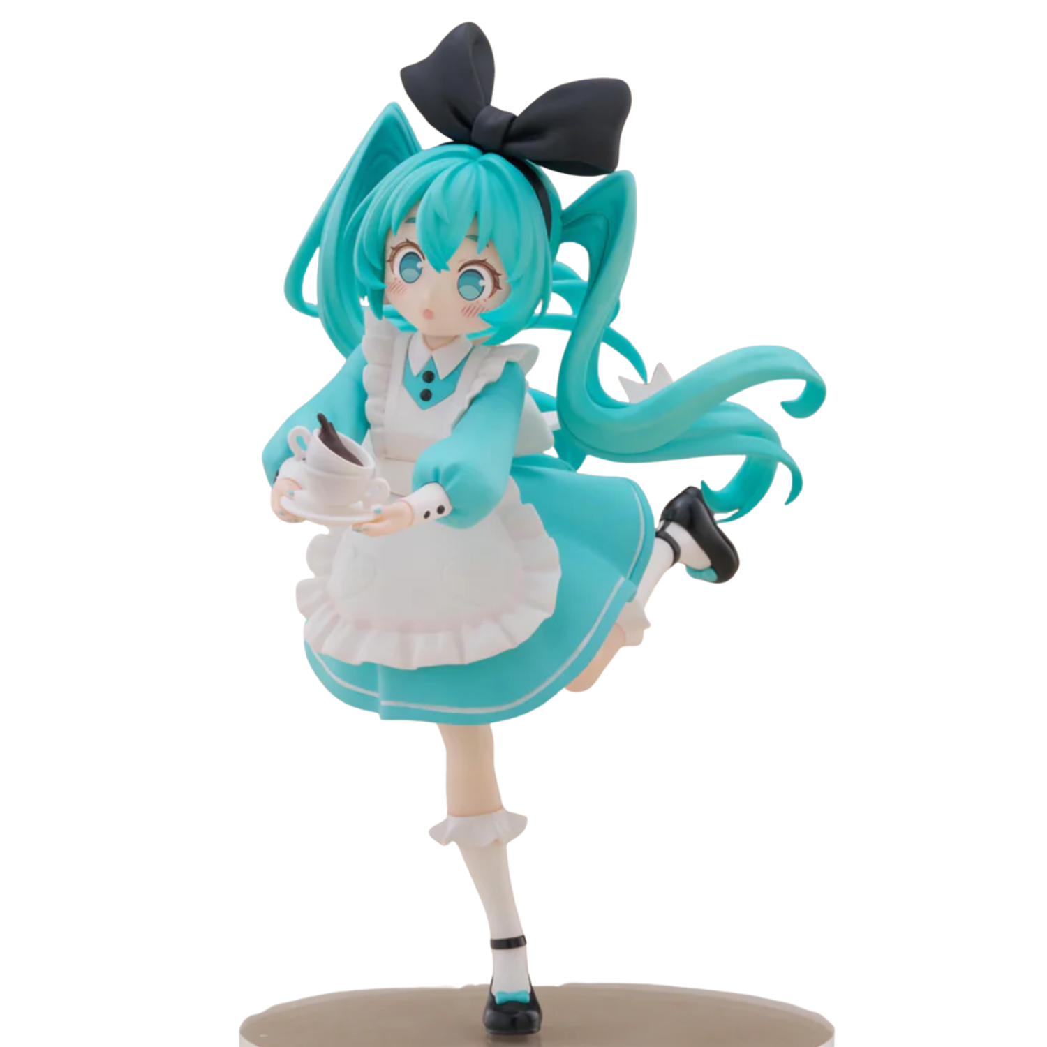 Figurine of a character with turquoise hair and outfit on a white background