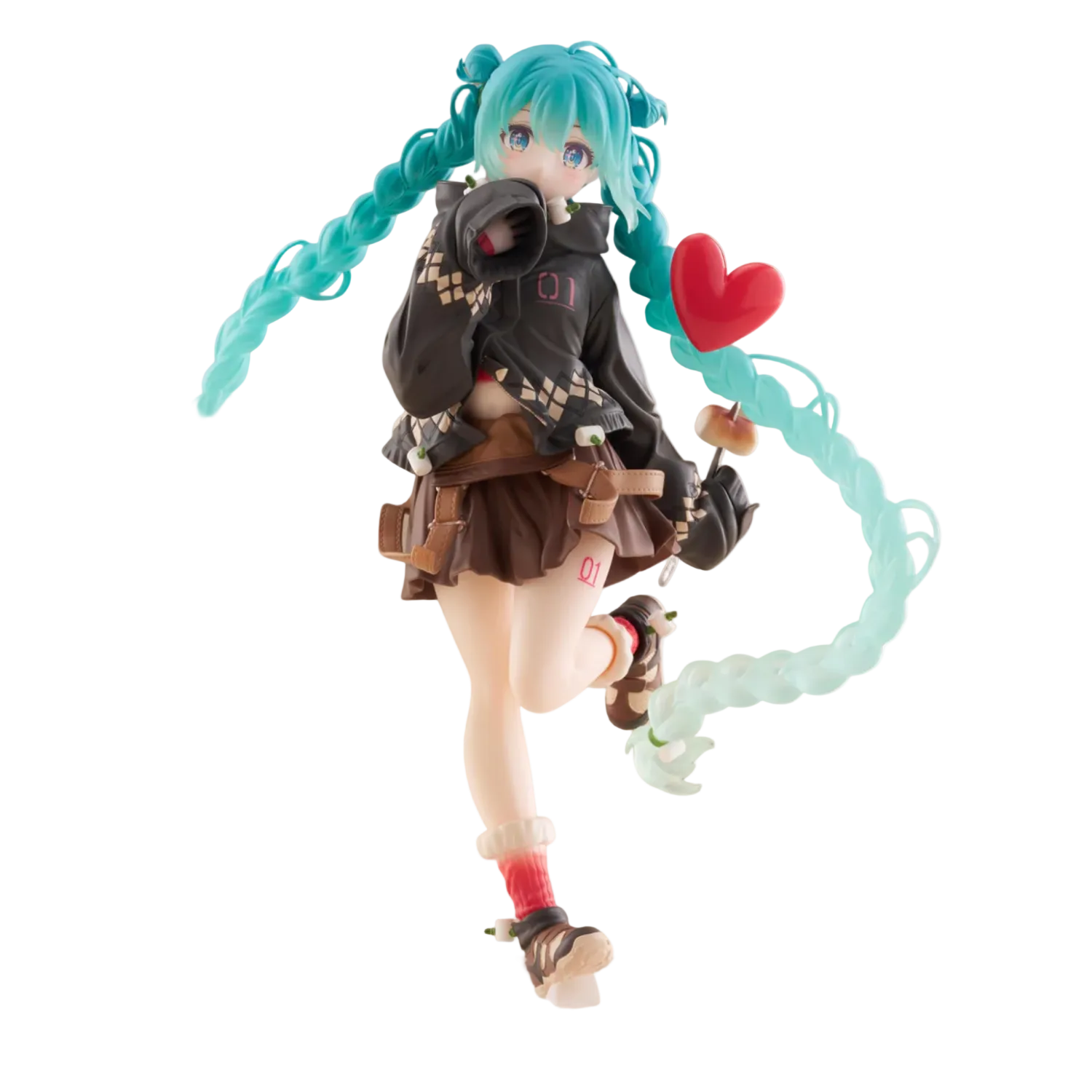 Anime character figurine with teal hair and a heart symbol on a white background