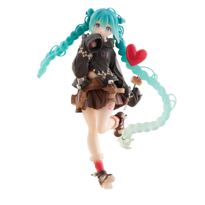 Anime character figurine with teal hair and a heart symbol on a white background
