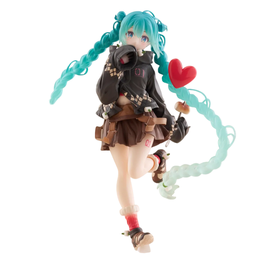 Anime character figurine with teal hair and a heart symbol on a white background