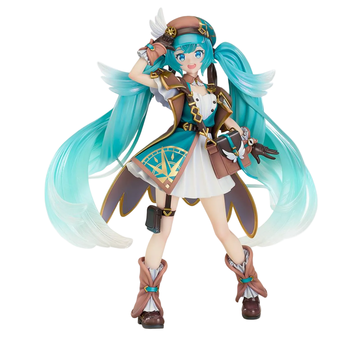 Anime character figurine with turquoise hair and detailed outfit on a white background