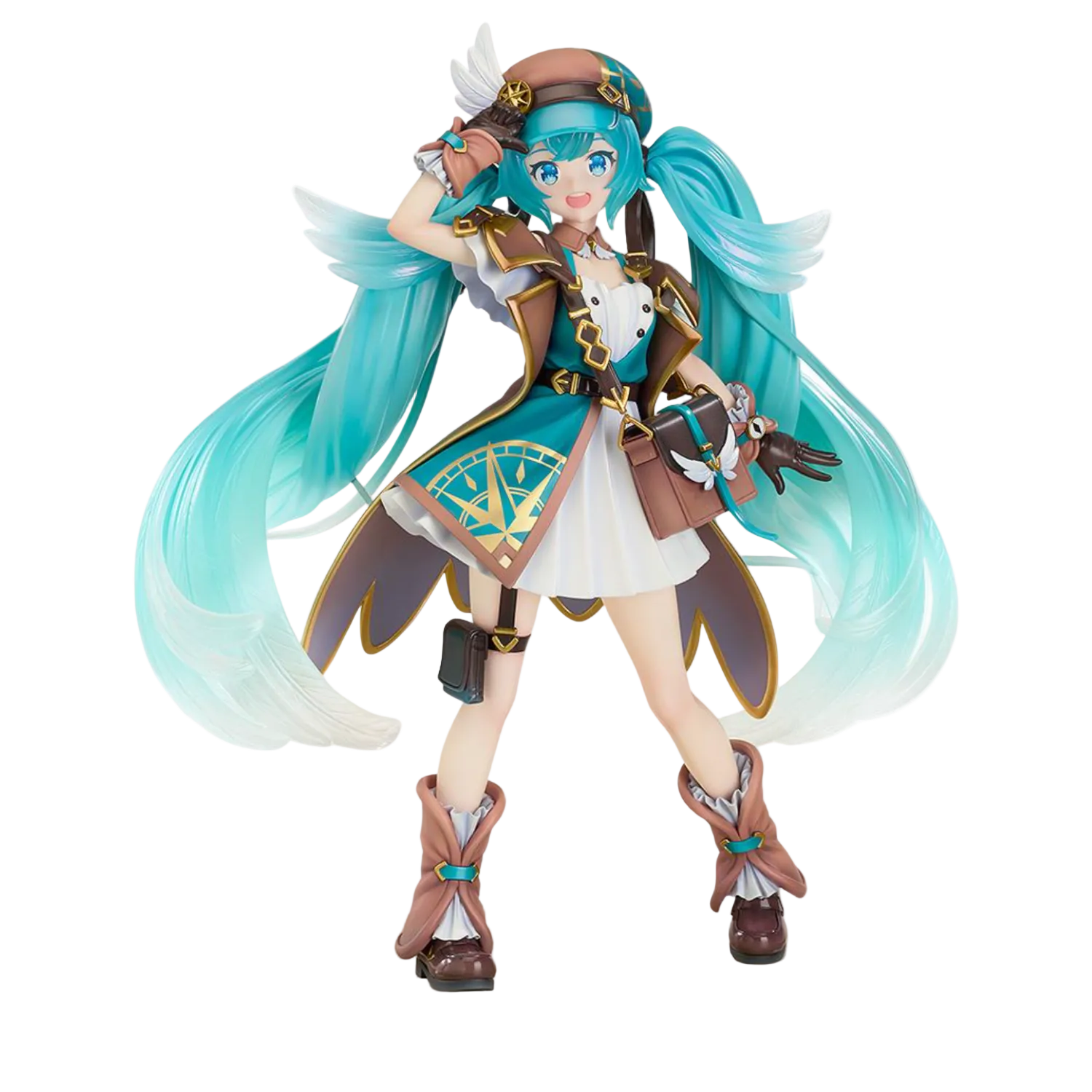 Anime character figurine with turquoise hair and detailed outfit on a white background