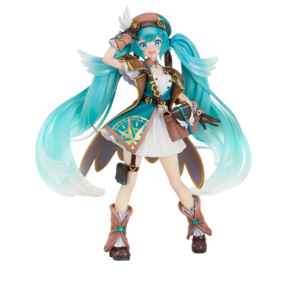 Anime character figurine with turquoise hair and detailed outfit on a white background