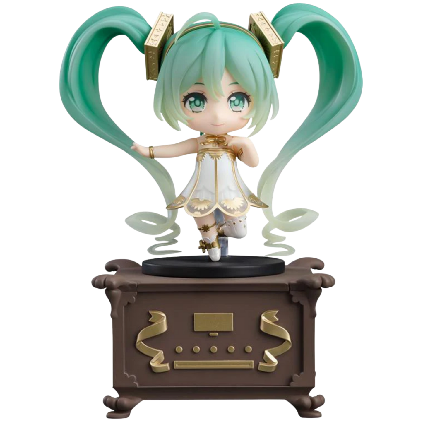 Anime character figurine with green hair and white dress on a decorative stand