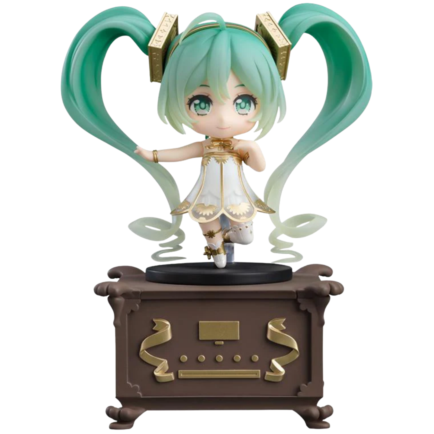 Anime character figurine with green hair and white dress on a decorative stand