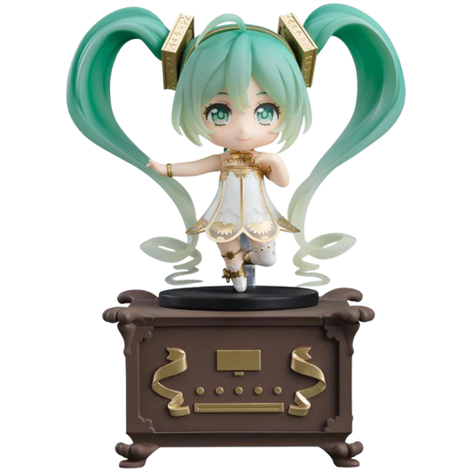 Anime character figurine with green hair and white dress on a decorative stand